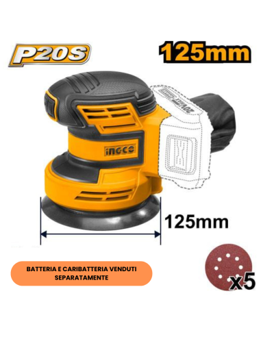 Levigatrice Rotorbitale Batteria Al Litio 20V Nuda 5 Fogli Carta Abrasiva