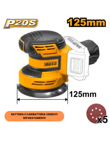 Levigatrice Rotorbitale Batteria Al Litio 20V Nuda 5 Fogli Carta Abrasiva