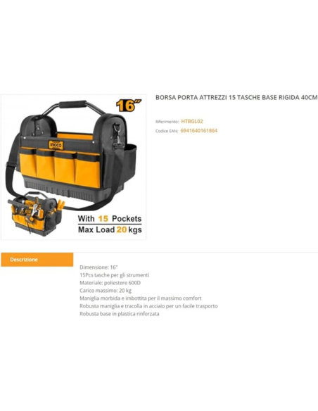 Borsa Porta Attrezzi 15 Tasche Base Rigida Organizzazione Utensili cm 40 