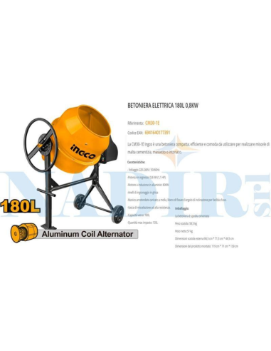 Betoniera elettrica da 180 litri 800W 28RPM 