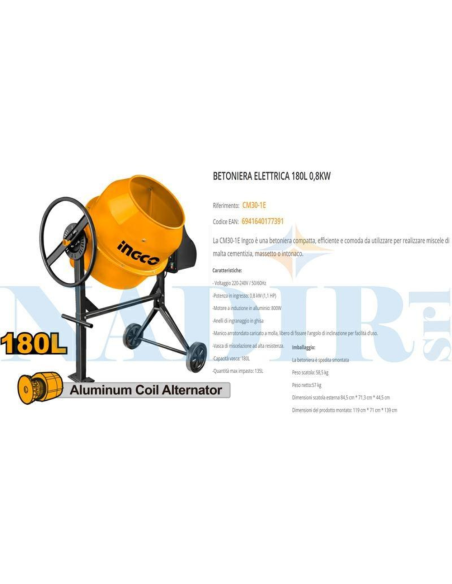Betoniera elettrica da 180 litri 800W 28RPM 