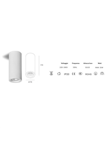 Applique Lampada Gesso Bianco Verniciabile da Soffitto Ø 70 mm x L. 170 mm 
