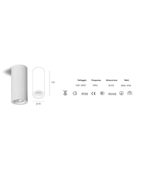 Applique Lampada Gesso Bianco Verniciabile da Soffitto Ø 70 mm x L. 170 mm 