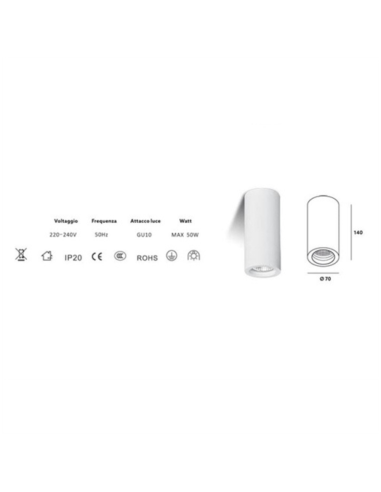 Applique Lampada Gesso Bianco Verniciabile da Soffitto Ø 70 mm x L. 140 mm 