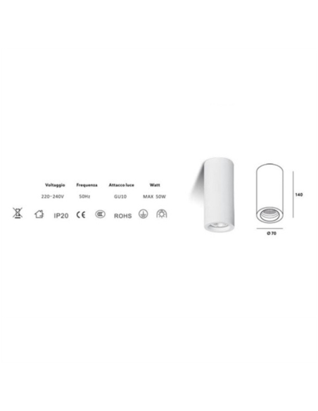 Applique Lampada Gesso Bianco Verniciabile da Soffitto Ø 70 mm x L. 112 mm 