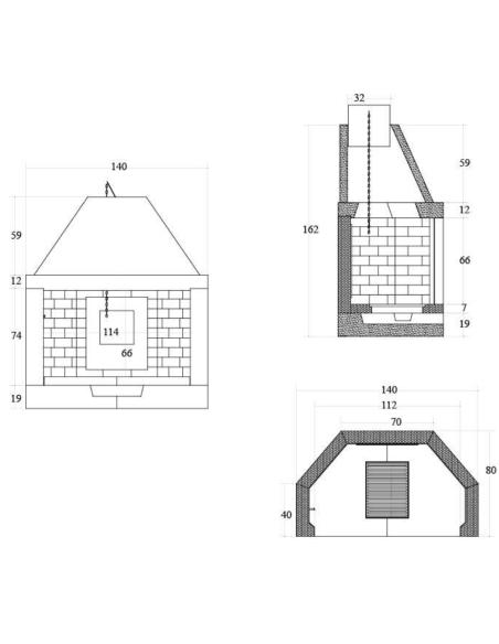 Camino Legna Prefabbricato Refrattario Focolare Aperto M140REF Riscaldamento 