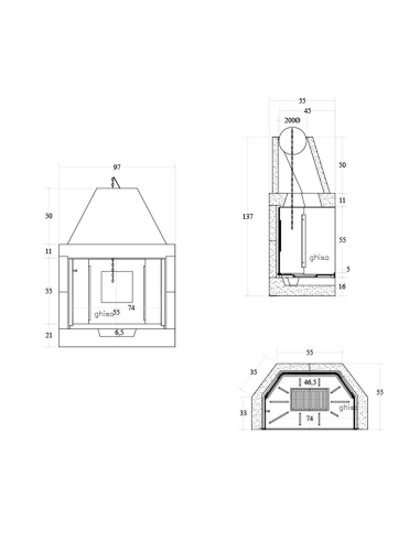 Camino Legna Prefabbricato Ghisa Focolare Aperto M100TGH Riscaldamento 