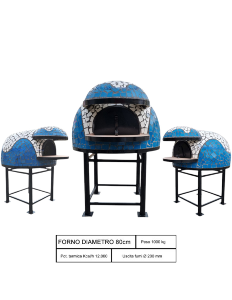 Forno A Legna Artigianale 80 cm Capienza 2/3 Pizze Wave Bianco Azzurro Con Base