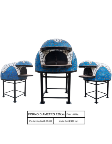 Forno A Legna Artigianale 120 cm Capienza 5 pizze Wave Bianco Azzurro Con Base 