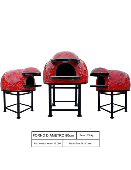 Forno Legna Artigianale Diametro 80 cm Capienza 2/3 pizze Unique Rosso Con Base