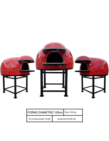 Forno Legna Artigianale Diametro 100 cm Capienza 3/4 pizze Unique Rosso Con Base