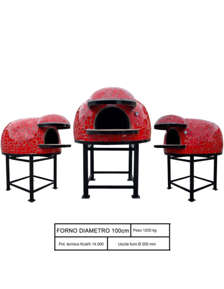 Forno Legna Artigianale Diametro 100 cm Capienza 3/4 pizze Unique Rosso Con Base