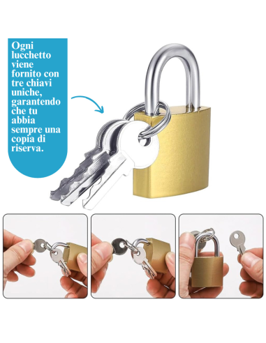 Lucchetto Ad Arco Ottone Con 3 Chiavi Estraibili Ottone Nichelato  