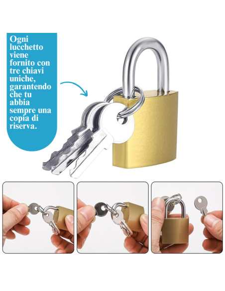 Lucchetto Ad Arco Ottone Con 3 Chiavi Estraibili Ottone Nichelato  