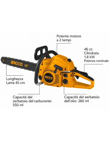 Motosega A Scoppio 46 cc Lunghezza Lama 45cm 18 Pollici Lavori Giardinaggio 