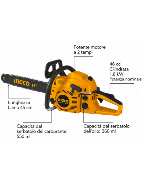 Motosega A Scoppio 46 cc Lunghezza Lama 45cm 18 Pollici Lavori Giardinaggio 