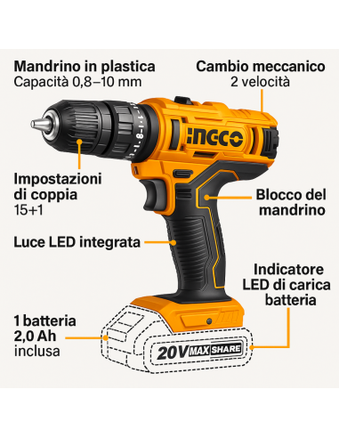 Trapano A Batteria 20V Inclusa Batteria 2Ah Caricabatterie Foratura  