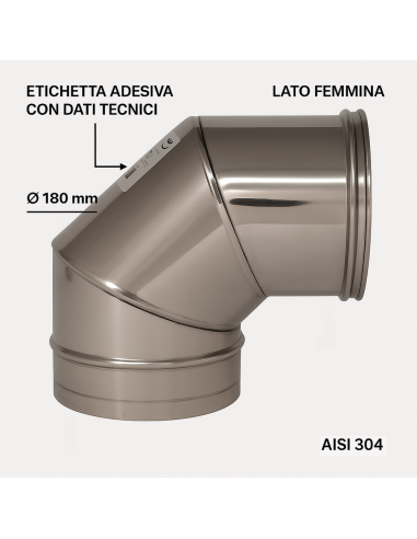 Curva 90° Acciaio Inox Ø 180 MM Spessore 0,5 MM Canna Fumaria Monoparete  