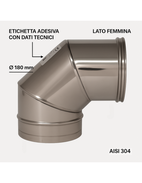 Curva 90° Acciaio Inox Ø 180 MM Spessore 0,5 MM Canna Fumaria Monoparete  