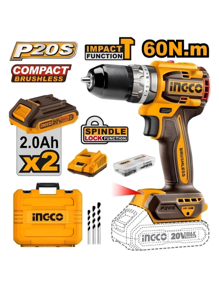 Trapano Percussione 20V 1 Caricabatterie 2 Batterie 2Ah Valigetta Inclusi  