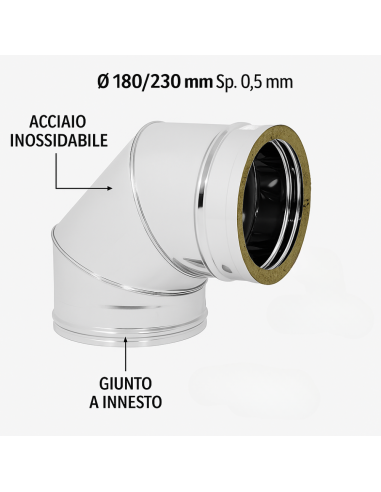 Curva  90° Acciaio Inox Ø 180/230 MM Spessore 0,5 MM Canna Fumaria Doppia Parete