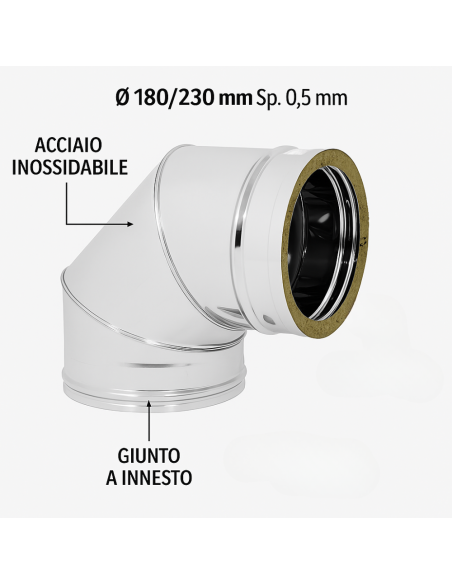 Curva  90° Acciaio Inox Ø 180/230 MM Spessore 0,5 MM Canna Fumaria Doppia Parete