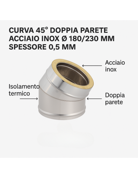 Curva 45° Doppia Parete Acciaio Inox Ø 180/230 MM Spessore 0,5 MM Canna Fumaria 