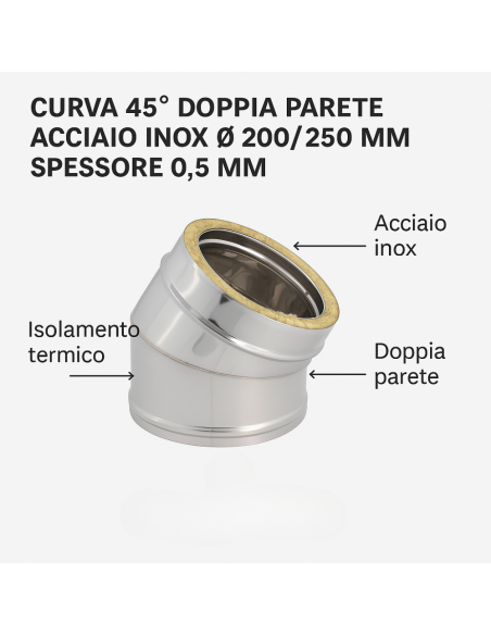 Curva 45° Doppia Parete Acciaio Inox Ø 200/250 MM Spessore 0,5 MM Canna Fumaria 