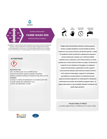 Farbe Wash 500 Idropittura Acrilica Lavabile Coprente Rapida Essiccazione