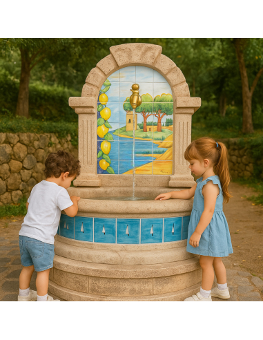 Fontana Spagnola Modello Vietri Maiolica H120xL80xP45 Cm Cemento Effetto Pietra