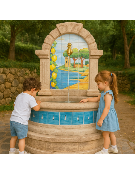 Fontana Spagnola Modello Vietri Maiolica H120xL80xP45 Cm Cemento Effetto Pietra