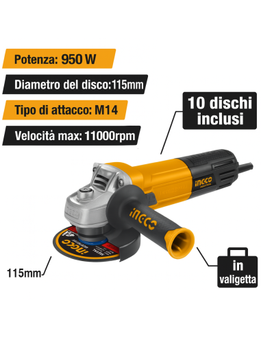 Smerigliatrice Angolare 115 MM 950W 10 dischi Valigetta Preparazione Superfici  