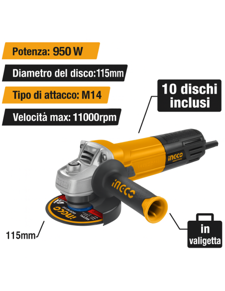 Smerigliatrice Angolare 115 MM 950W 10 dischi Valigetta Preparazione Superfici  