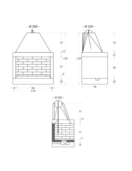 Camino Legna Prefabbricato Refrattario Focolare Aperto QR110 Riscaldamento