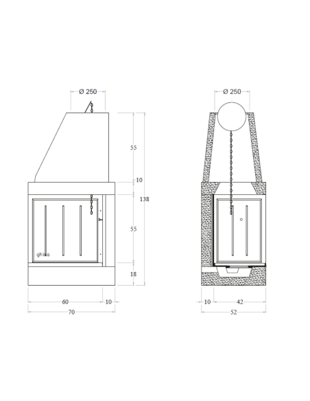 Camino Legna Prefabbricato  In Ghisa Focolare Aperto DS70TGH Reversibile Calore