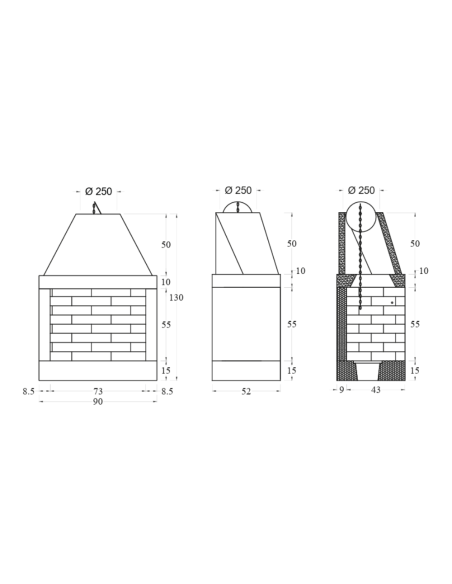 Camino a Legna Prefabbricato Focolare Aperto Refrattario QR90REF Parete Calore