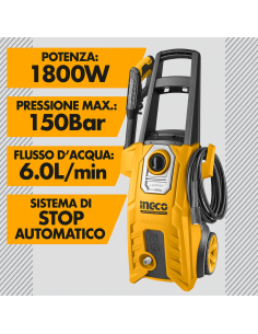 Idropulitrice Elettrica 1800W 150BAR Inclusi Accessori Pulizia Sporco INGCO 2