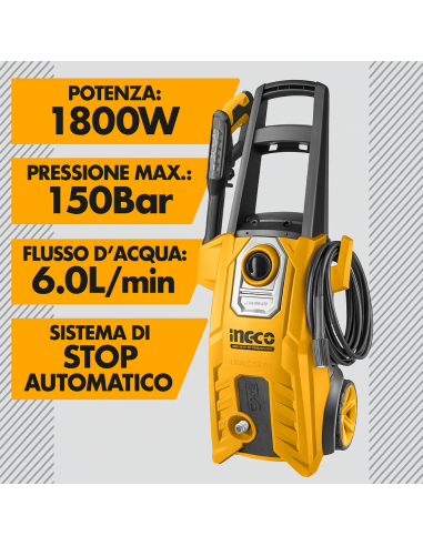 Idropulitrice Elettrica 1800W 150BAR Inclusi Accessori Pulizia Sporco INGCO