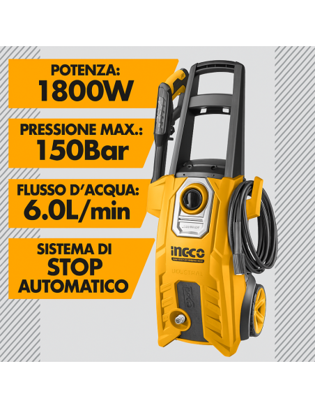 Idropulitrice Elettrica 1800W 150BAR Inclusi Accessori Pulizia Sporco INGCO