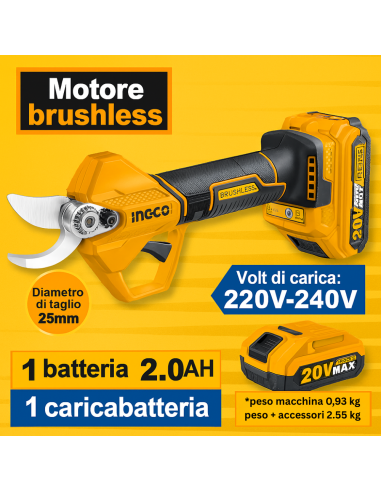 Forbice Pota Ø25 A Batteria 20V Valigetta Batteria Caricabatterie 