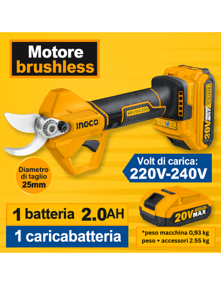 Forbice Pota Ø25 A Batteria 20V Valigetta Batteria Caricabatterie 