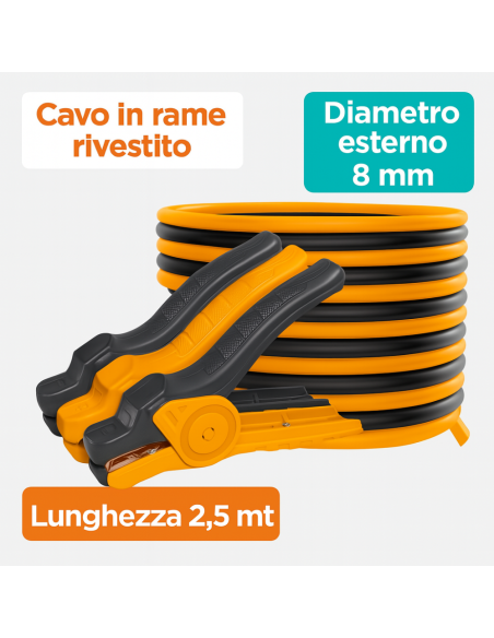Cavi Batteria Auto Rame 200A Morsetto 15.6x9.1 Cm Lunghezza 2,5 Metri  