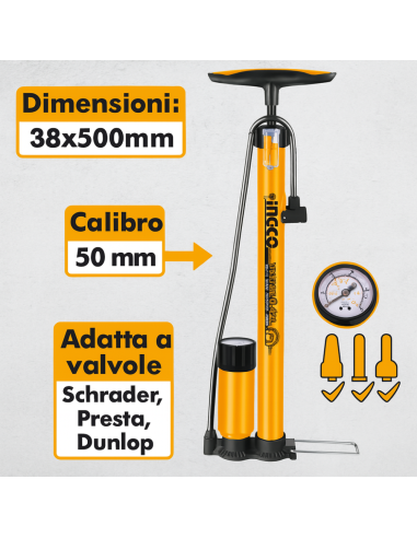 Pompa Manuale Professionale Manometro Tubo Acciaio Bici Moto Auto  38x500 mm