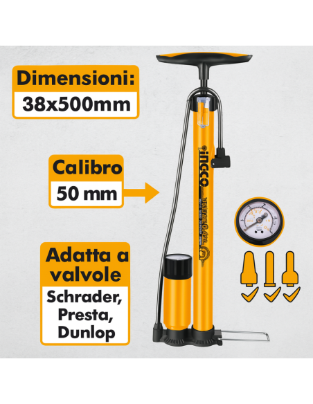 Pompa Manuale Professionale Manometro Tubo Acciaio Bici Moto Auto  38x500 mm