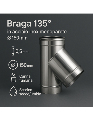 Raccordo Braga 135° Mono Parete Metallica Spessore 0,5 mm Canna Fumaria