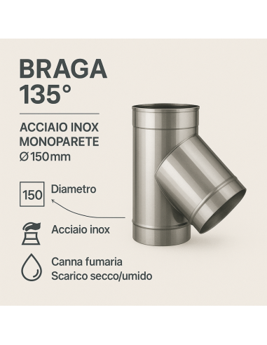 Raccordo Braga 135° Mono Parete Metallica Spessore 0,5 mm Canna Fumaria