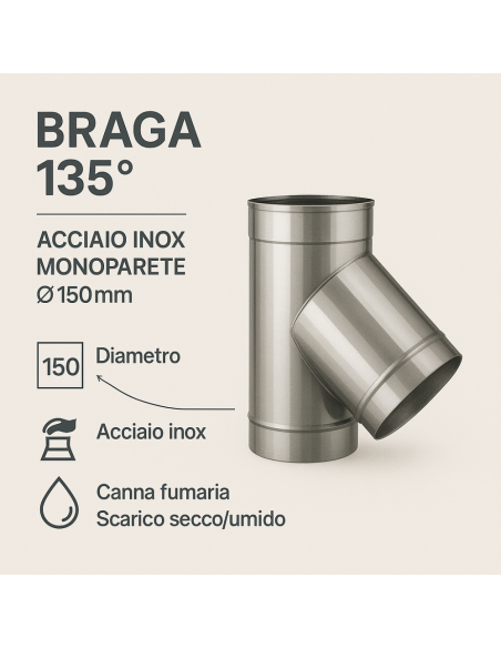 Raccordo Braga 135° Mono Parete Metallica Spessore 0,5 mm Canna Fumaria