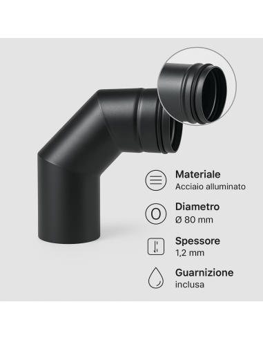Curva 90° Modifica Direzione Canale Fumo Diametro 80 mm Sp. 1,2 mm Stufa Pellet