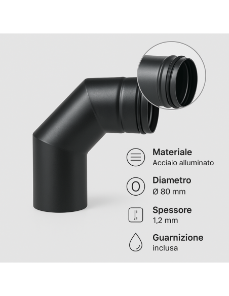Curva 90° Modifica Direzione Canale Fumo Diametro 80 mm Sp. 1,2 mm Stufa Pellet
