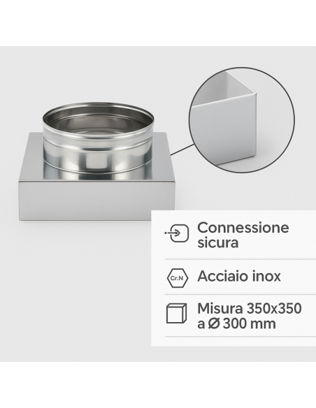 Riduzione Quadra Tonda 350x350 - Ø 300 mm, Acciaio Inox Sp. 0,5 mm Canna Fumaria